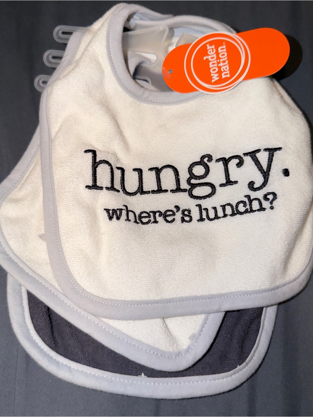 Wonder Nation baby bibs 3 pack hungry where’s lunch neutral gray white